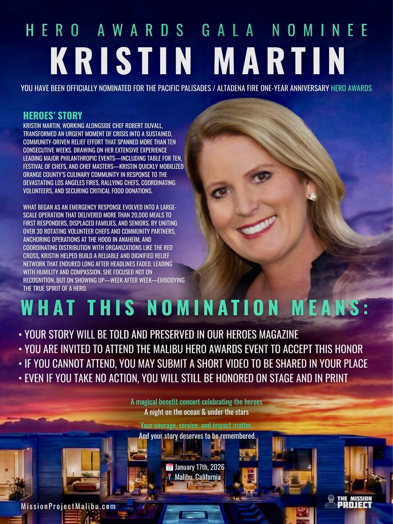 Image of Kristin Martin with text describing her work with OC Chef Relief Fund, nomination for the Hero Award and what her nomination means.