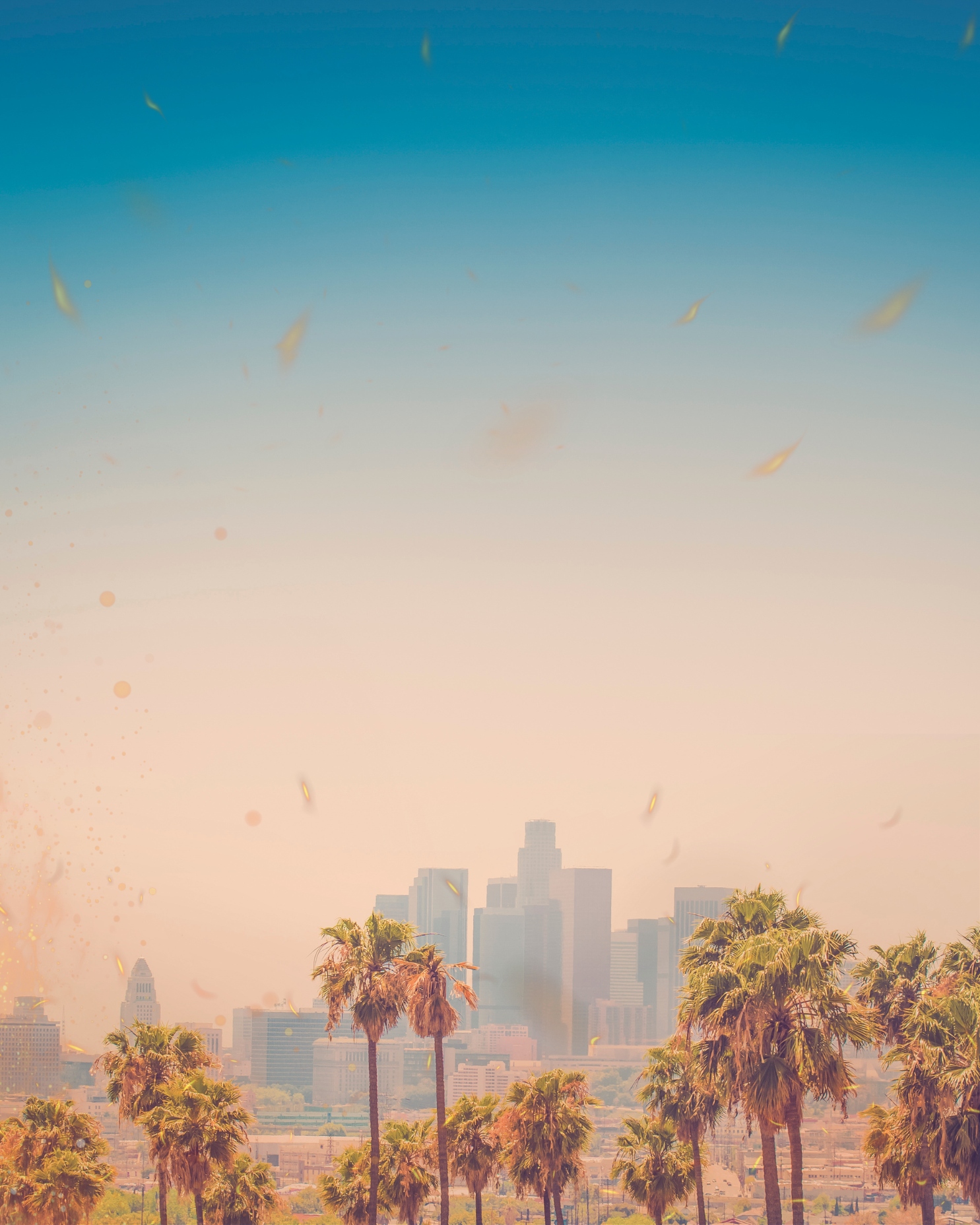 The LA skyline behind a film of smokey haze.