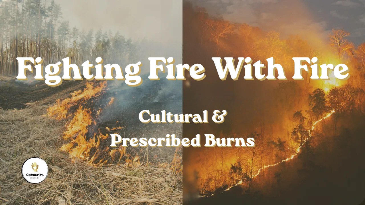 Side-by-side images of a controlled, prescribed burn next to a raging wildfire with the title, "Fighting Fire With Fire" and subtitle, "Cultural & Prescribed Burns"